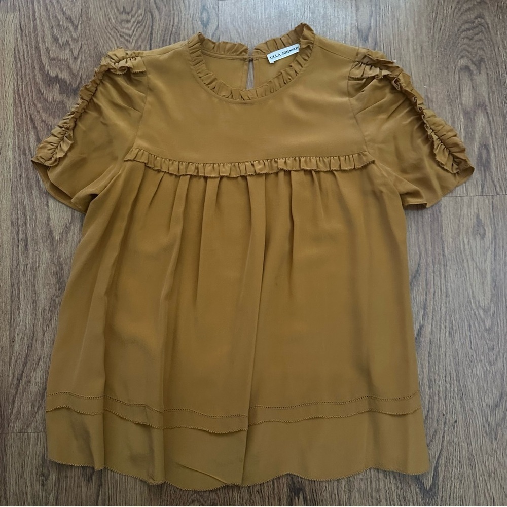 Ulla Johnson Mustard Ruffle Blouse top size 0 100% silk FLAWS short sleeve